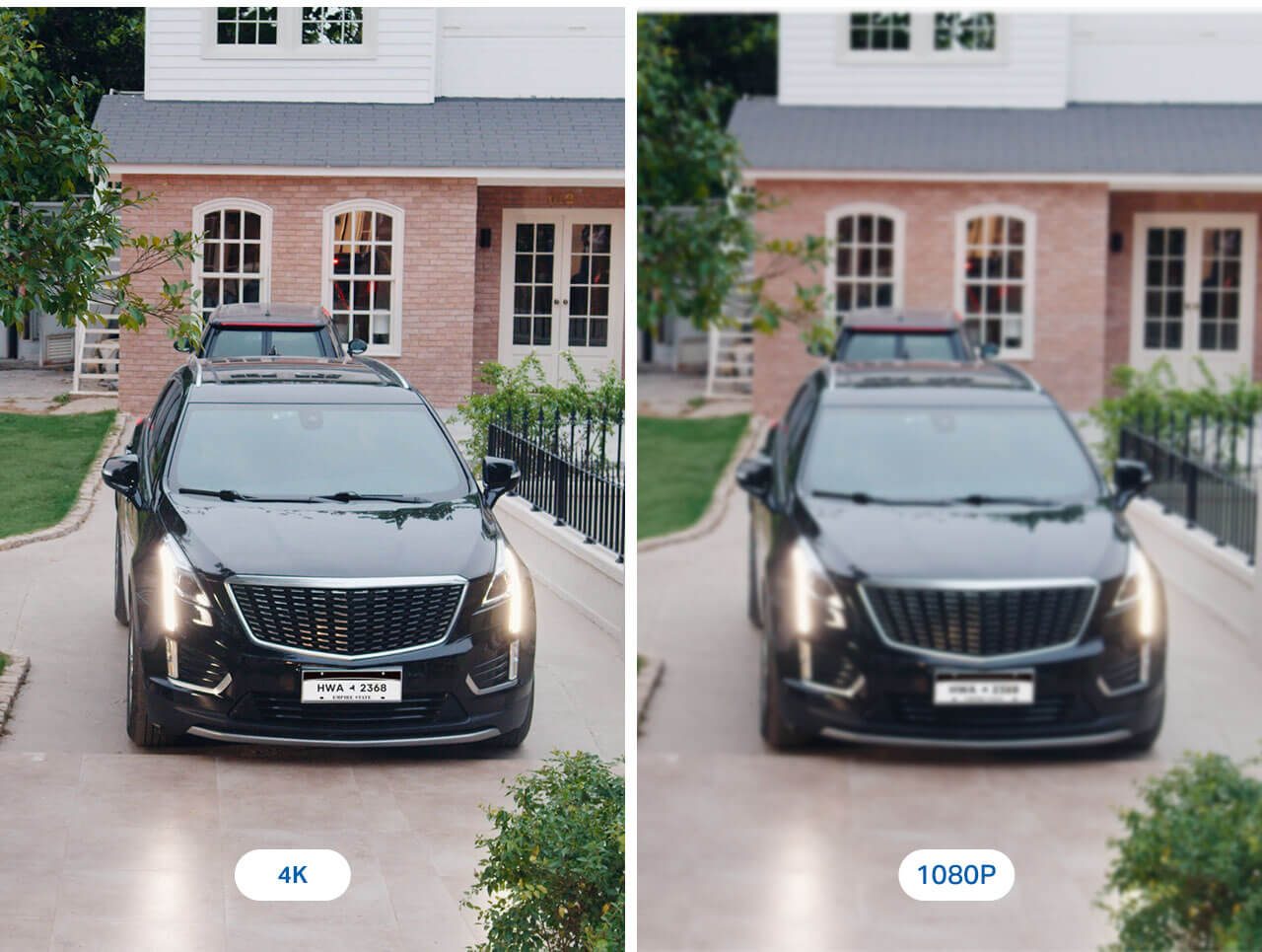 Tapo C460 4K versus 1080p comparison frames of a driveway and license plate